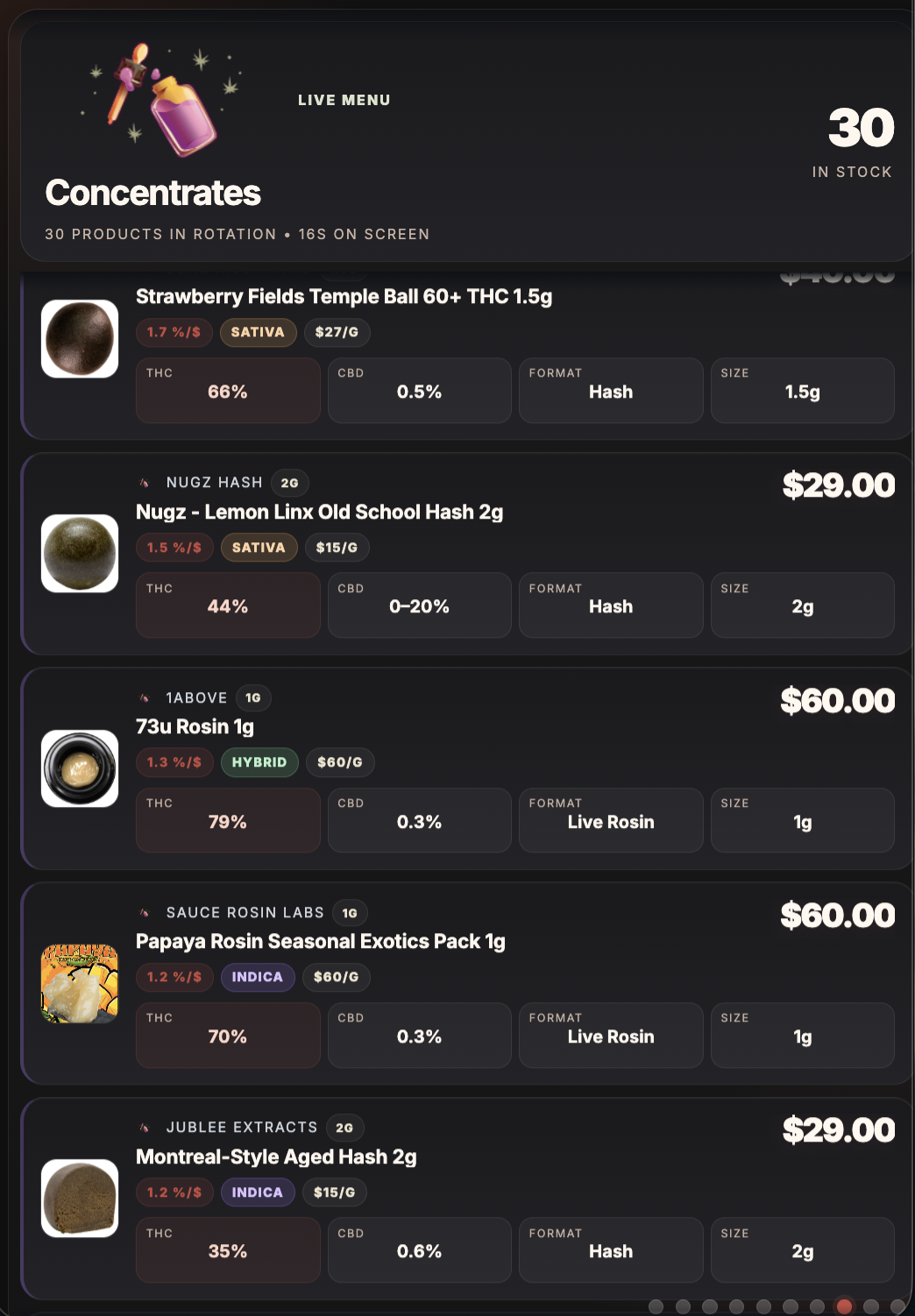 Right screen — Concentrates live menu